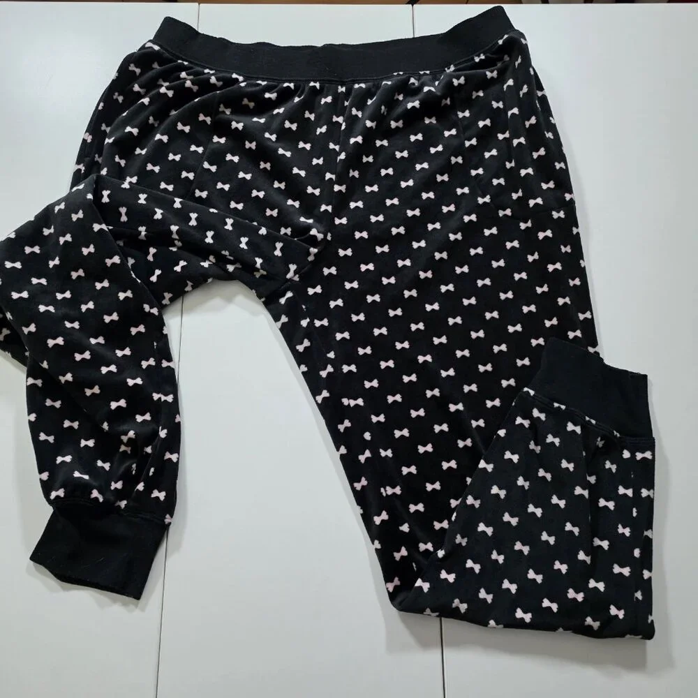 Kate Spade Pajama Set Womens L Black Pink Bow Tie Pattern Pockets Fleece Boho